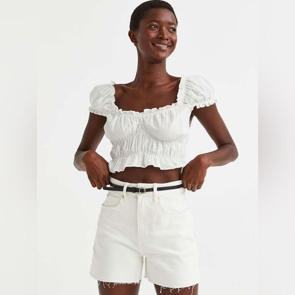 H&M Puff Sleeve Top White Large Ruffle Smocked Elastic Stretch - Picture 2 of 12